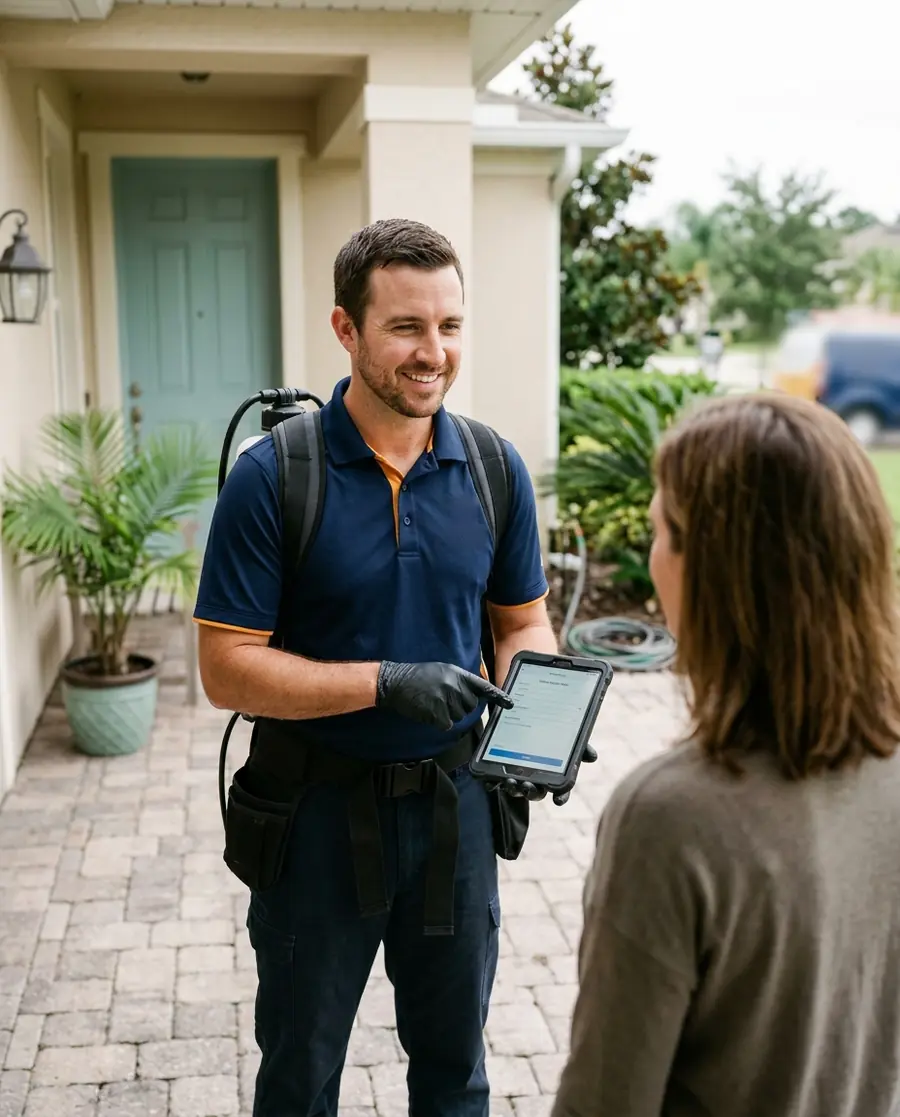 A pest control technician with a backpack sprayer showing a tablet to a homeowner outside her front door