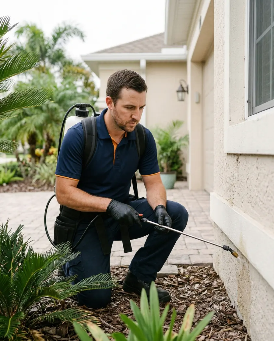 A pest control technician with a backpack sprayer working beside a home's exterior wall