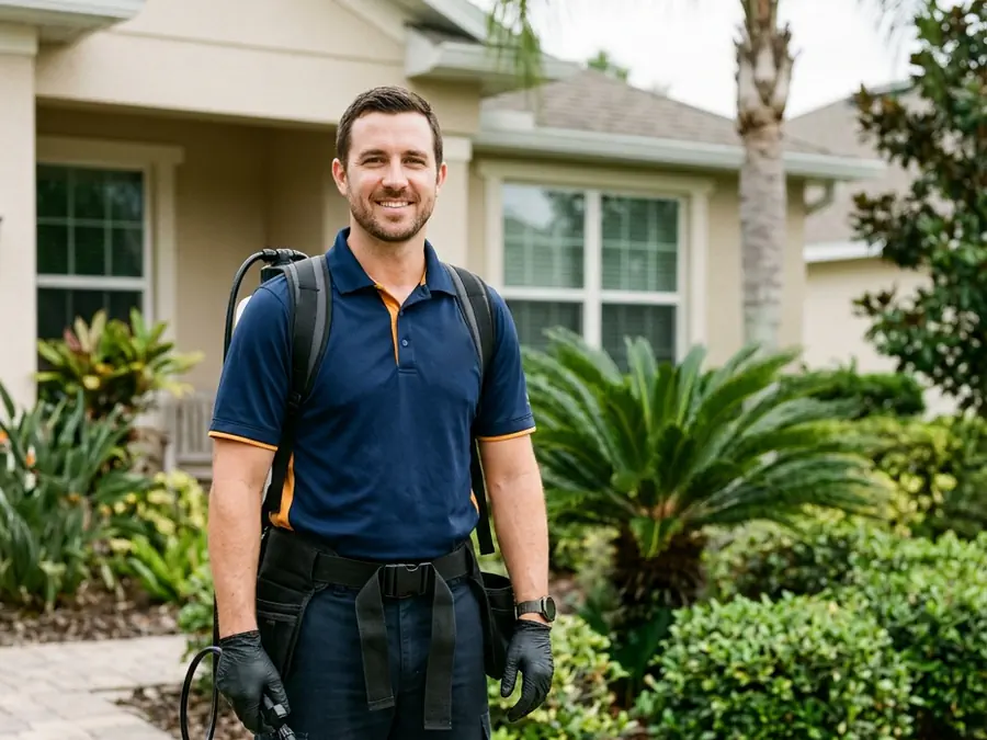 A smiling pest control technician wearing a backpack sprayer outside a home
