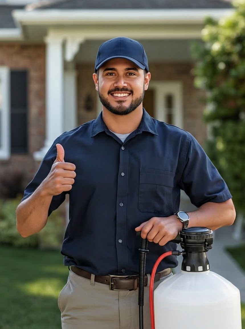 A friendly pest control technician outside a home